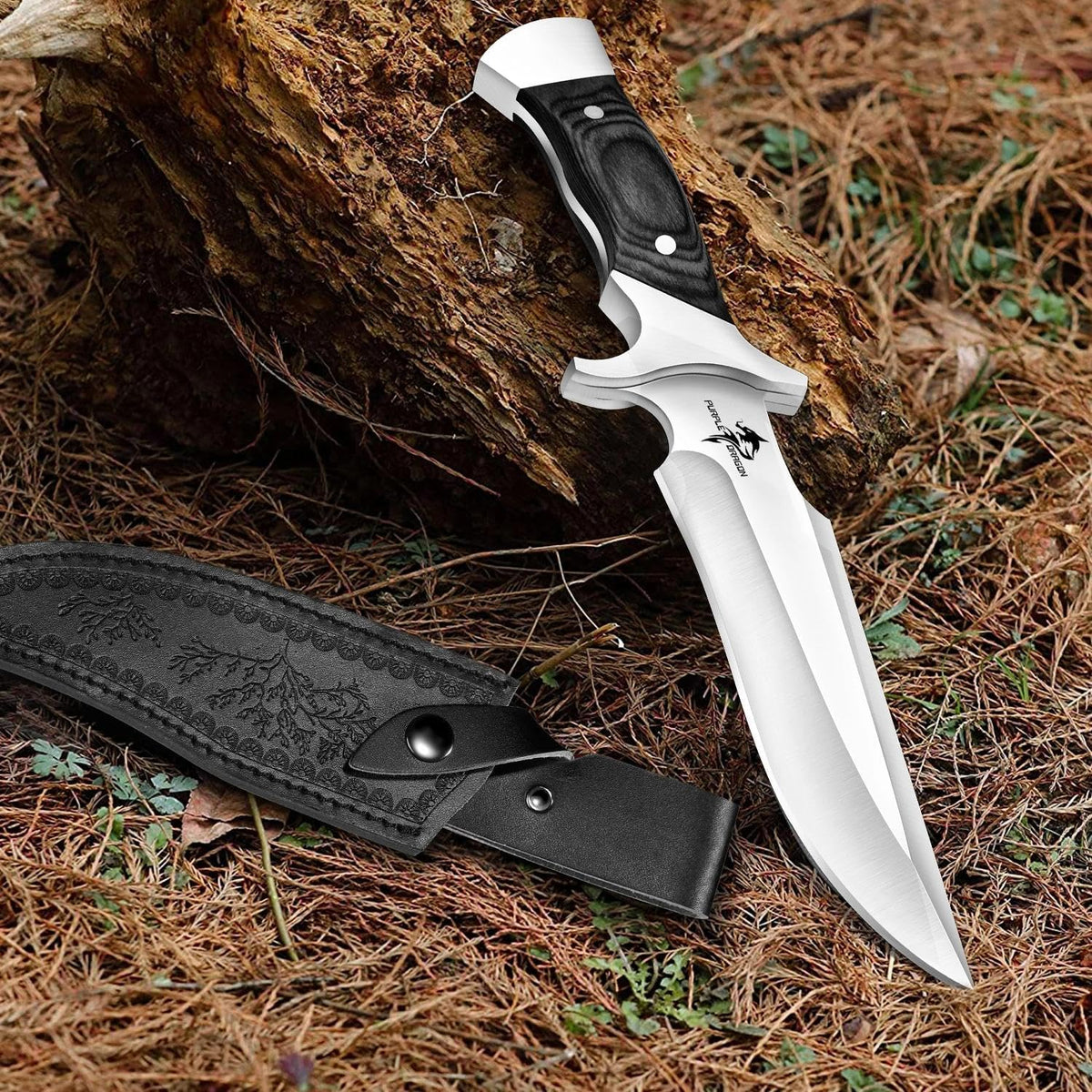 Camping Fixed Blade Knife with Sheath - Black 6 inch | 440C Steel Blade, Full Tang Wooden Handle, Gift Box, for Outdoor Gear