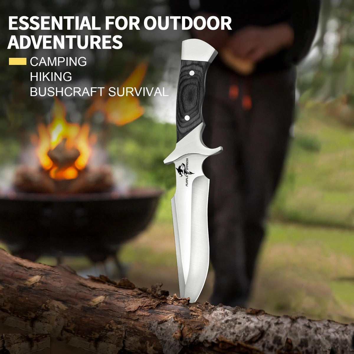 Camping Fixed Blade Knife with Sheath - Black 6 inch | 440C Steel Blade, Full Tang Wooden Handle, Gift Box, for Outdoor Gear