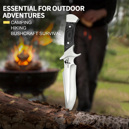 Camping Fixed Blade Knife with Sheath - Black 6 inch | 440C Steel Blade, Full Tang Wooden Handle, Gift Box, for Outdoor Gear