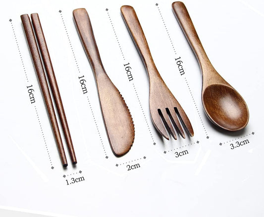 Portable Wooden Cutlery Set for Travel and Camping - 4 Piece Set With Reusable Wooden Spoon, Fork, Knife and Chopsticks