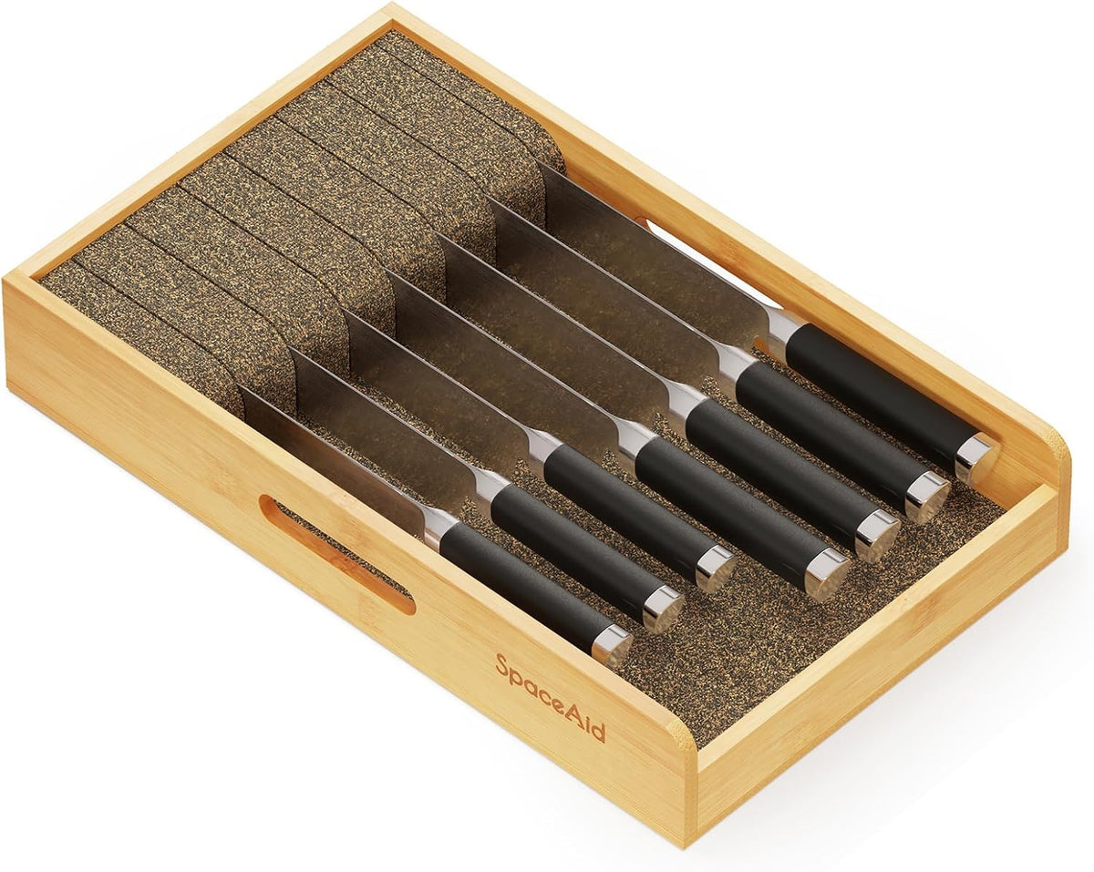 Knife Drawer Organizer 9 inches Wide Bamboo Insert Dock, Kitchen Steak Knives Holder Organizers Block for Drawer in Storage Organization (Medium, Natural)
