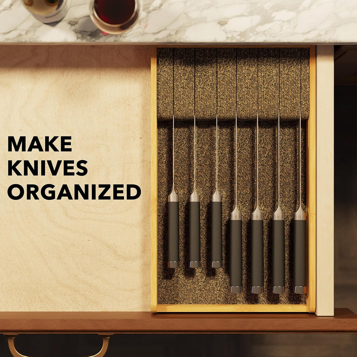 Knife Drawer Organizer 9 inches Wide Bamboo Insert Dock, Kitchen Steak Knives Holder Organizers Block for Drawer in Storage Organization (Medium, Natural)