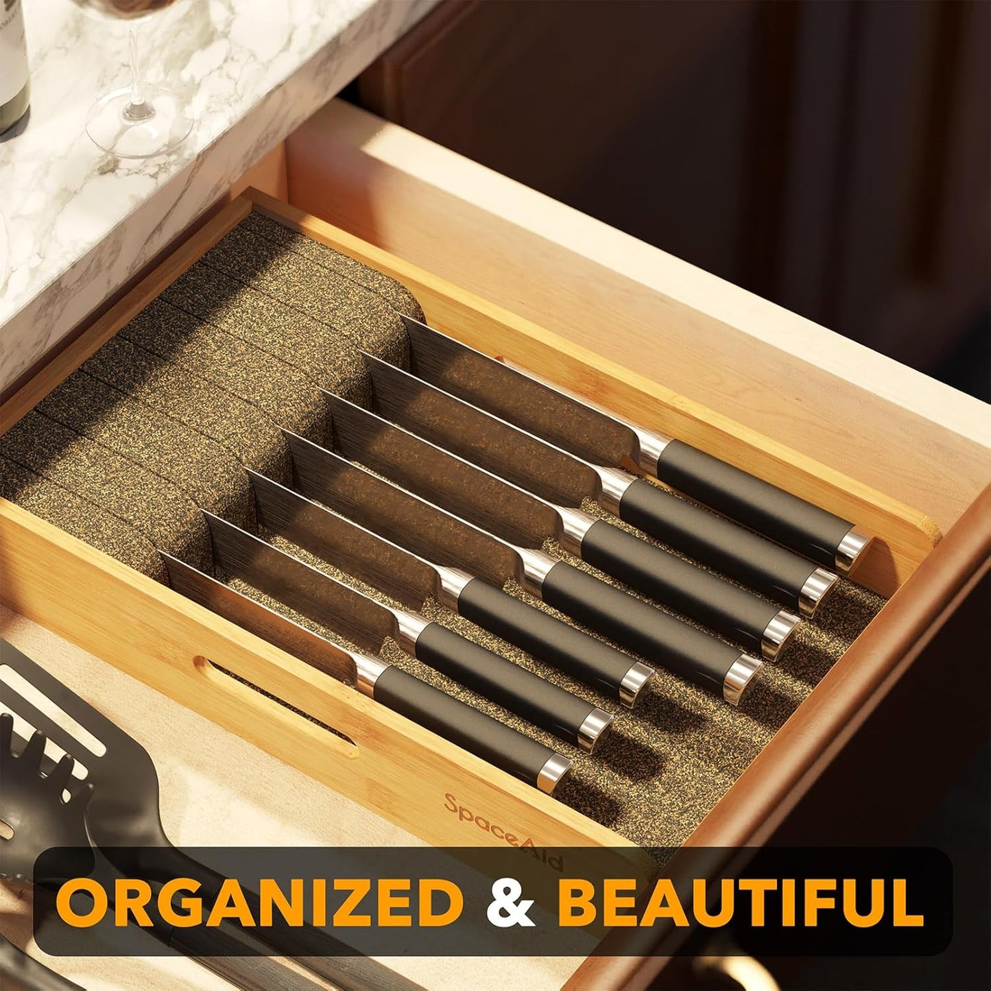 Knife Drawer Organizer 9 inches Wide Bamboo Insert Dock, Kitchen Steak Knives Holder Organizers Block for Drawer in Storage Organization (Medium, Natural)