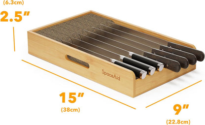 Knife Drawer Organizer 9 inches Wide Bamboo Insert Dock, Kitchen Steak Knives Holder Organizers Block for Drawer in Storage Organization (Medium, Natural)