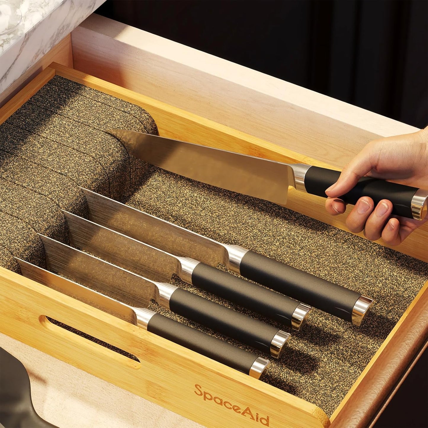 Knife Drawer Organizer 9 inches Wide Bamboo Insert Dock, Kitchen Steak Knives Holder Organizers Block for Drawer in Storage Organization (Medium, Natural)