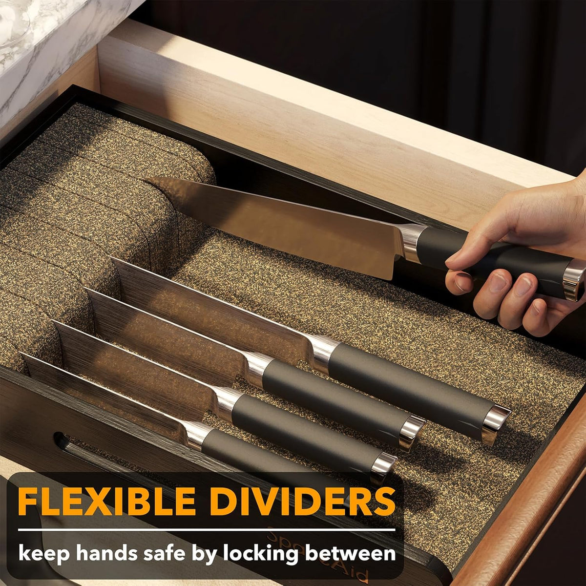 Knife Drawer Organizer 9 inches Wide Bamboo Insert Dock, Kitchen Steak Knives Holder Organizers Block for Drawer in Storage Organization (Medium, Natural)