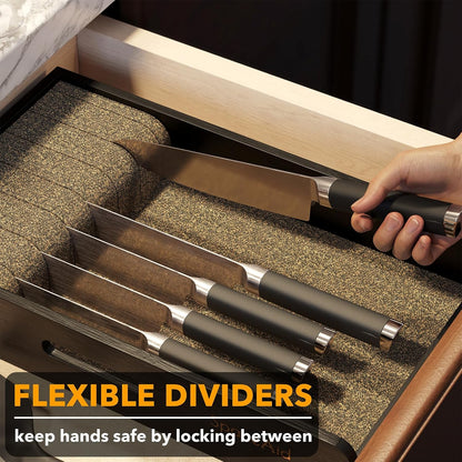 Knife Drawer Organizer 9 inches Wide Bamboo Insert Dock, Kitchen Steak Knives Holder Organizers Block for Drawer in Storage Organization (Medium, Natural)