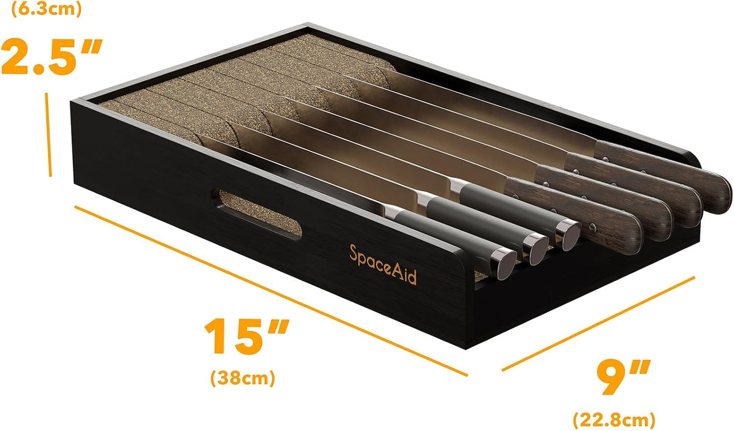 Knife Drawer Organizer 9 inches Wide Bamboo Insert Dock, Kitchen Steak Knives Holder Organizers Block for Drawer in Storage Organization (Medium, Natural)