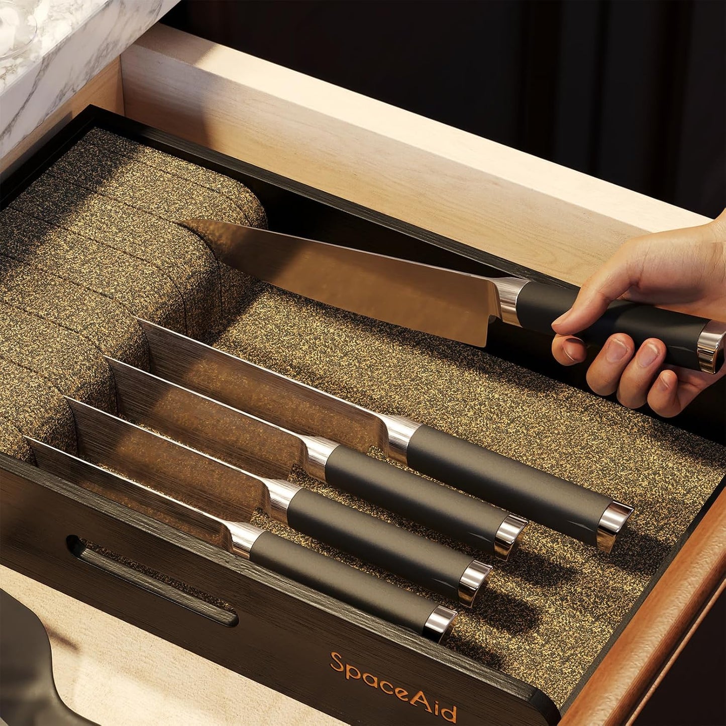 Knife Drawer Organizer 9 inches Wide Bamboo Insert Dock, Kitchen Steak Knives Holder Organizers Block for Drawer in Storage Organization (Medium, Natural)