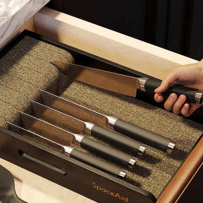 Knife Drawer Organizer 9 inches Wide Bamboo Insert Dock, Kitchen Steak Knives Holder Organizers Block for Drawer in Storage Organization (Medium, Natural)