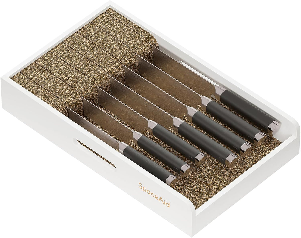 Knife Drawer Organizer 9 inches Wide Bamboo Insert Dock, Kitchen Steak Knives Holder Organizers Block for Drawer in Storage Organization (Medium, Natural)