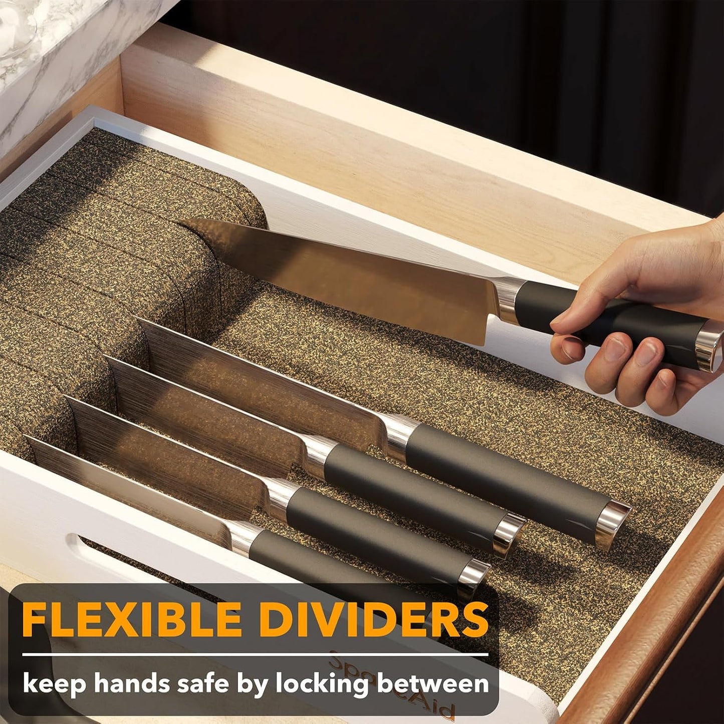 Knife Drawer Organizer 9 inches Wide Bamboo Insert Dock, Kitchen Steak Knives Holder Organizers Block for Drawer in Storage Organization (Medium, Natural)