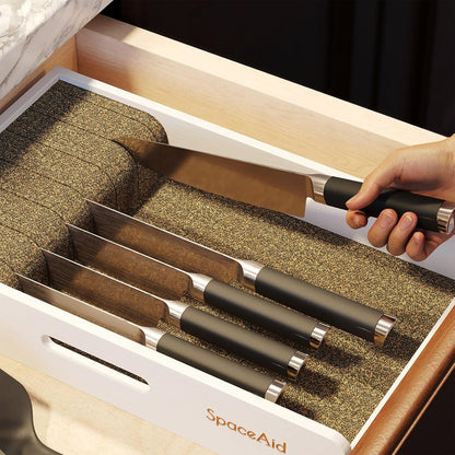 Knife Drawer Organizer 9 inches Wide Bamboo Insert Dock, Kitchen Steak Knives Holder Organizers Block for Drawer in Storage Organization (Medium, Natural)