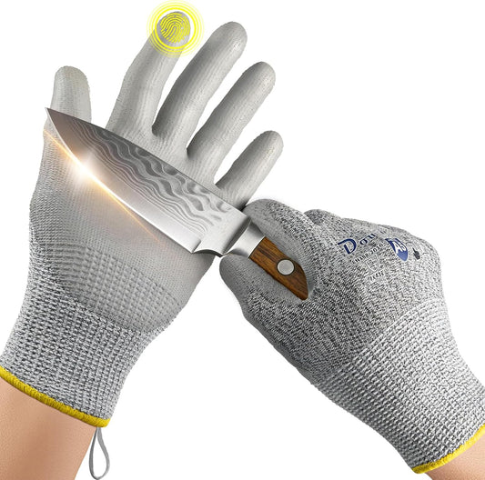 Cut Resistant Work Gloves for Men & Women - ANSI A5 & EN388 Level 4, Breathable PU Coated, Grey Non-Marking - for Gardening, Fishing, Automotive, Construction, Wood Carving (Large, Grey)