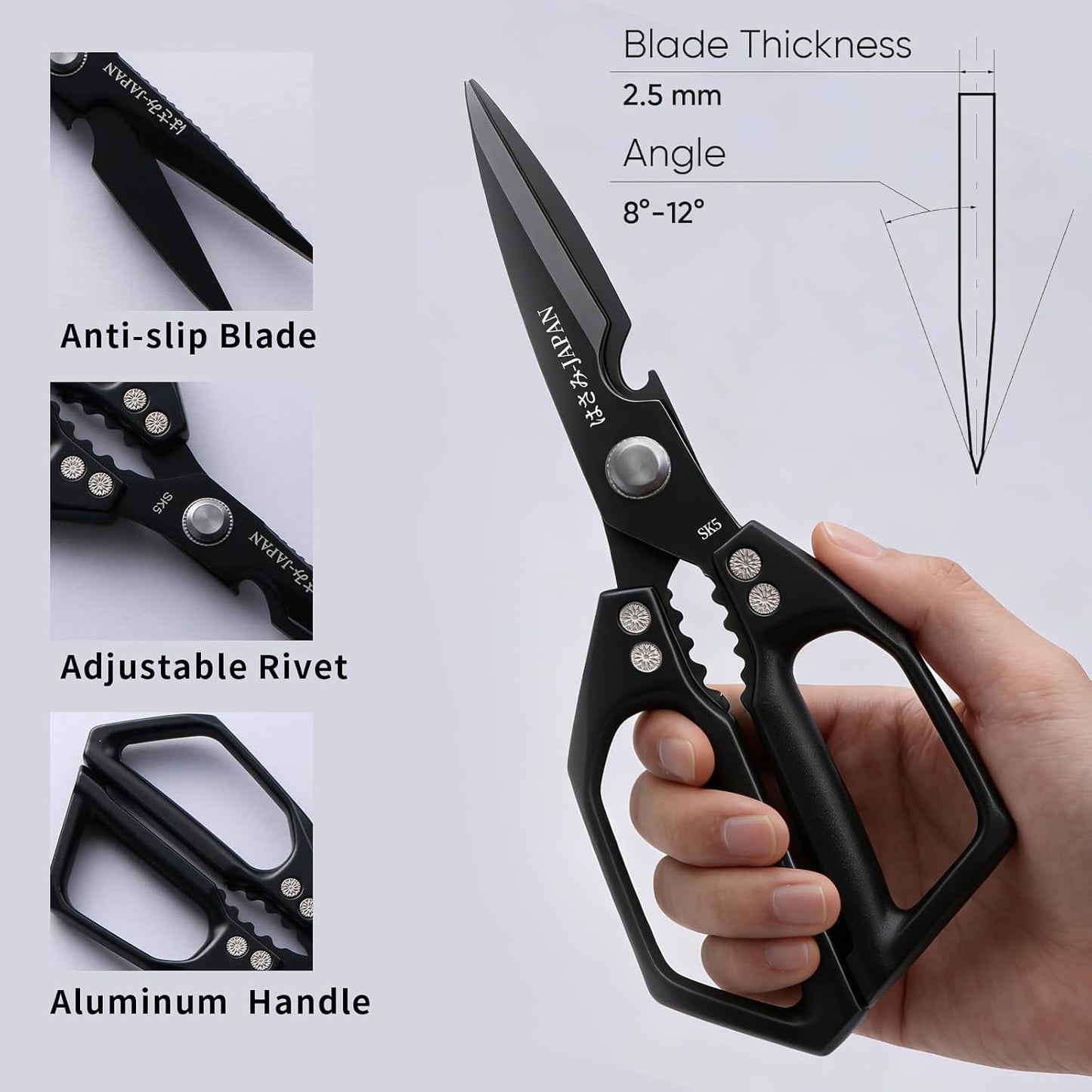 Japanese Kitchen Shears Black, Heavy Duty Poultry Shears, Kitchen Scissors for Meat Cutting, Chicken Bones, Gifts for Cooks Men Women Mom Dad
