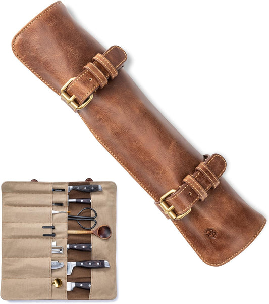 knife roll bag made of real buffalo leather | 14-slot leather knife case for chef's knives - large knife bag Duplex (brown)