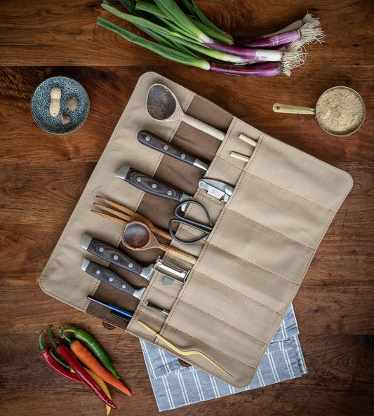 knife roll bag made of real buffalo leather | 14-slot leather knife case for chef's knives - large knife bag Duplex (brown)