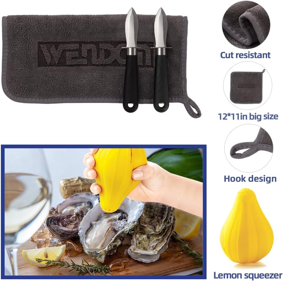 Oyster Knife Shucker Set Oyster Shucking Knife and Gloves Cut Resistant Level 5 Protection Seafood Opener Kit Tools Gift(2knifes+2Glove+1Cloth)
