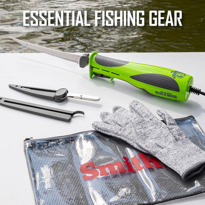 Smith’s Mr. Crappie Slab-O-Matic Electric Fillet Knife - Removable 8” & 4.5” Serrated Stainless Steel Blades w/ Sheaths - Fillet Glove & Mesh Storage Bag - Fishing, Outdoor, Hunting Electric Knife