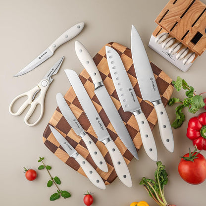 Knife Set, 15 pieces Knife Sets for Kitchen,High Carbon German Stainless Steel Knife Block Set with Built in Sharpener Block,Dishwasher Safe Kitchen Knives, White