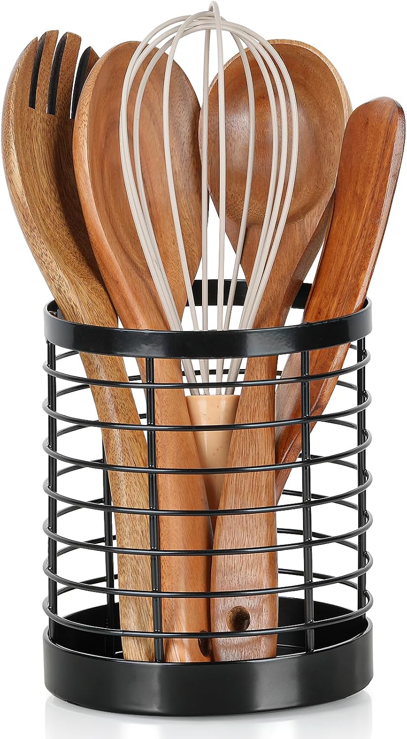 Utensil Holder for Kitchen Counter, Stainless Steel Utensil Crock | Space-Saving, Drainage Hole, Countertop Organizer, For Cooking Tools, Spatula, Silverware Forks, Knives, Spoons