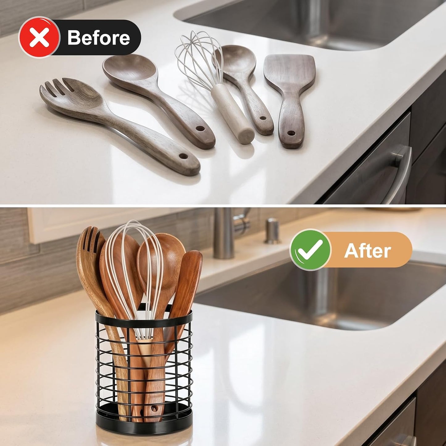 Utensil Holder for Kitchen Counter, Stainless Steel Utensil Crock | Space-Saving, Drainage Hole, Countertop Organizer, For Cooking Tools, Spatula, Silverware Forks, Knives, Spoons