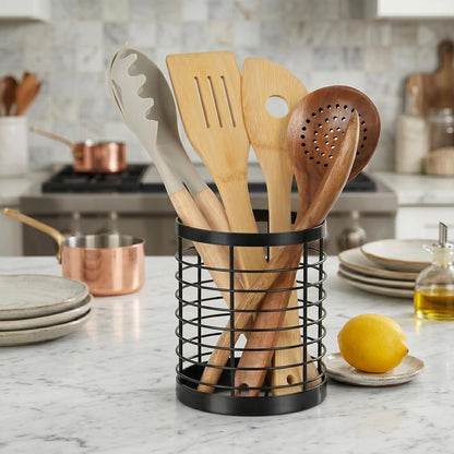 Utensil Holder for Kitchen Counter, Stainless Steel Utensil Crock | Space-Saving, Drainage Hole, Countertop Organizer, For Cooking Tools, Spatula, Silverware Forks, Knives, Spoons