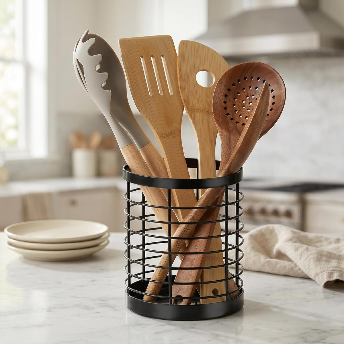 Utensil Holder for Kitchen Counter, Stainless Steel Utensil Crock | Space-Saving, Drainage Hole, Countertop Organizer, For Cooking Tools, Spatula, Silverware Forks, Knives, Spoons