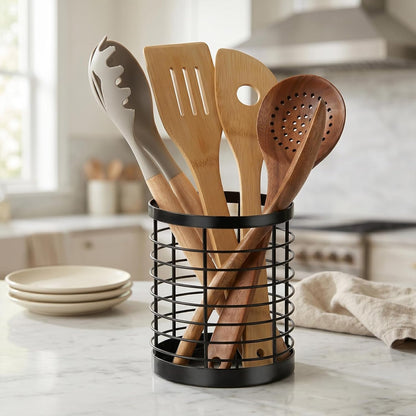 Utensil Holder for Kitchen Counter, Stainless Steel Utensil Crock | Space-Saving, Drainage Hole, Countertop Organizer, For Cooking Tools, Spatula, Silverware Forks, Knives, Spoons