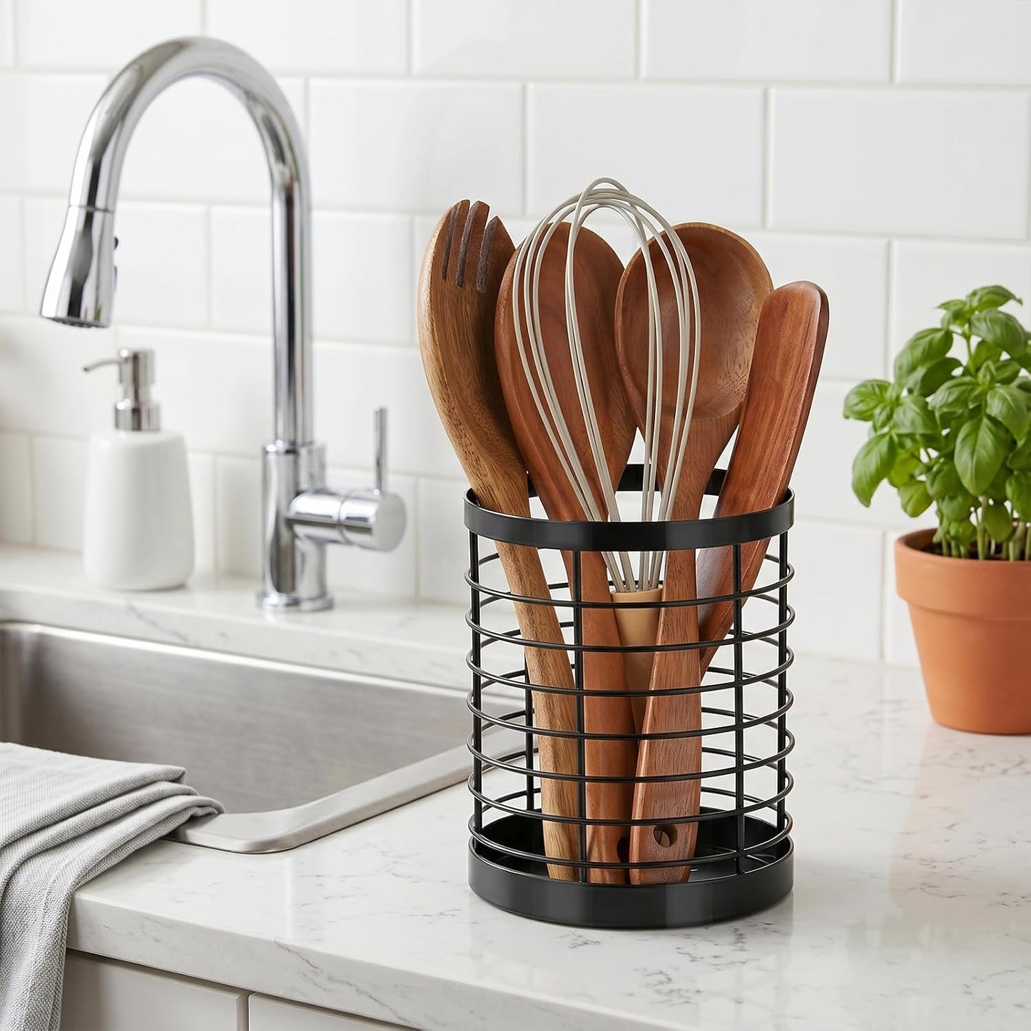 Utensil Holder for Kitchen Counter, Stainless Steel Utensil Crock | Space-Saving, Drainage Hole, Countertop Organizer, For Cooking Tools, Spatula, Silverware Forks, Knives, Spoons