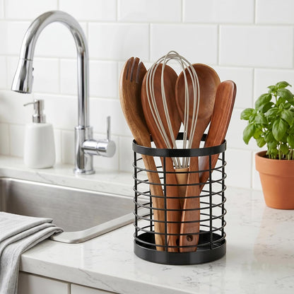 Utensil Holder for Kitchen Counter, Stainless Steel Utensil Crock | Space-Saving, Drainage Hole, Countertop Organizer, For Cooking Tools, Spatula, Silverware Forks, Knives, Spoons