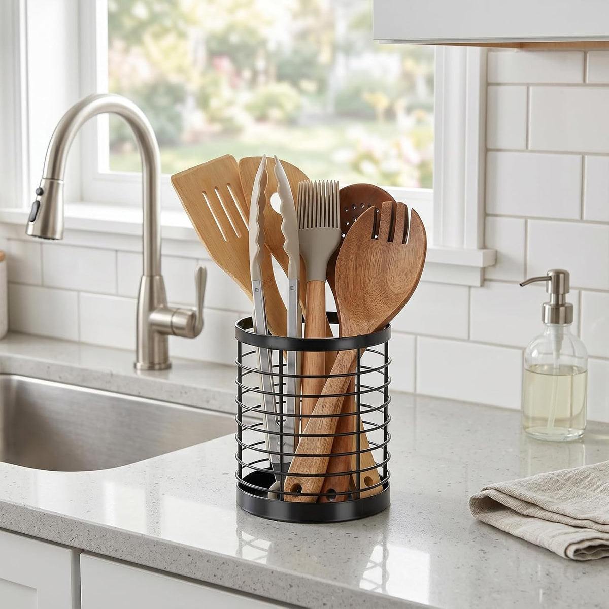 Utensil Holder for Kitchen Counter, Stainless Steel Utensil Crock | Space-Saving, Drainage Hole, Countertop Organizer, For Cooking Tools, Spatula, Silverware Forks, Knives, Spoons