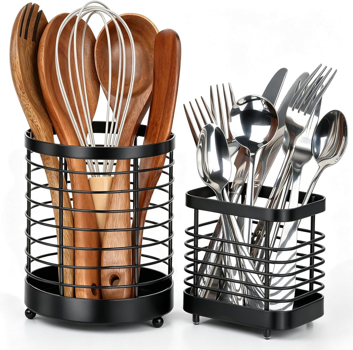 Utensil Holder for Kitchen Counter, Stainless Steel Utensil Crock | Space-Saving, Drainage Hole, Countertop Organizer, For Cooking Tools, Spatula, Silverware Forks, Knives, Spoons