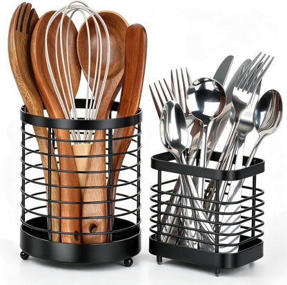 Utensil Holder for Kitchen Counter, Stainless Steel Utensil Crock | Space-Saving, Drainage Hole, Countertop Organizer, For Cooking Tools, Spatula, Silverware Forks, Knives, Spoons
