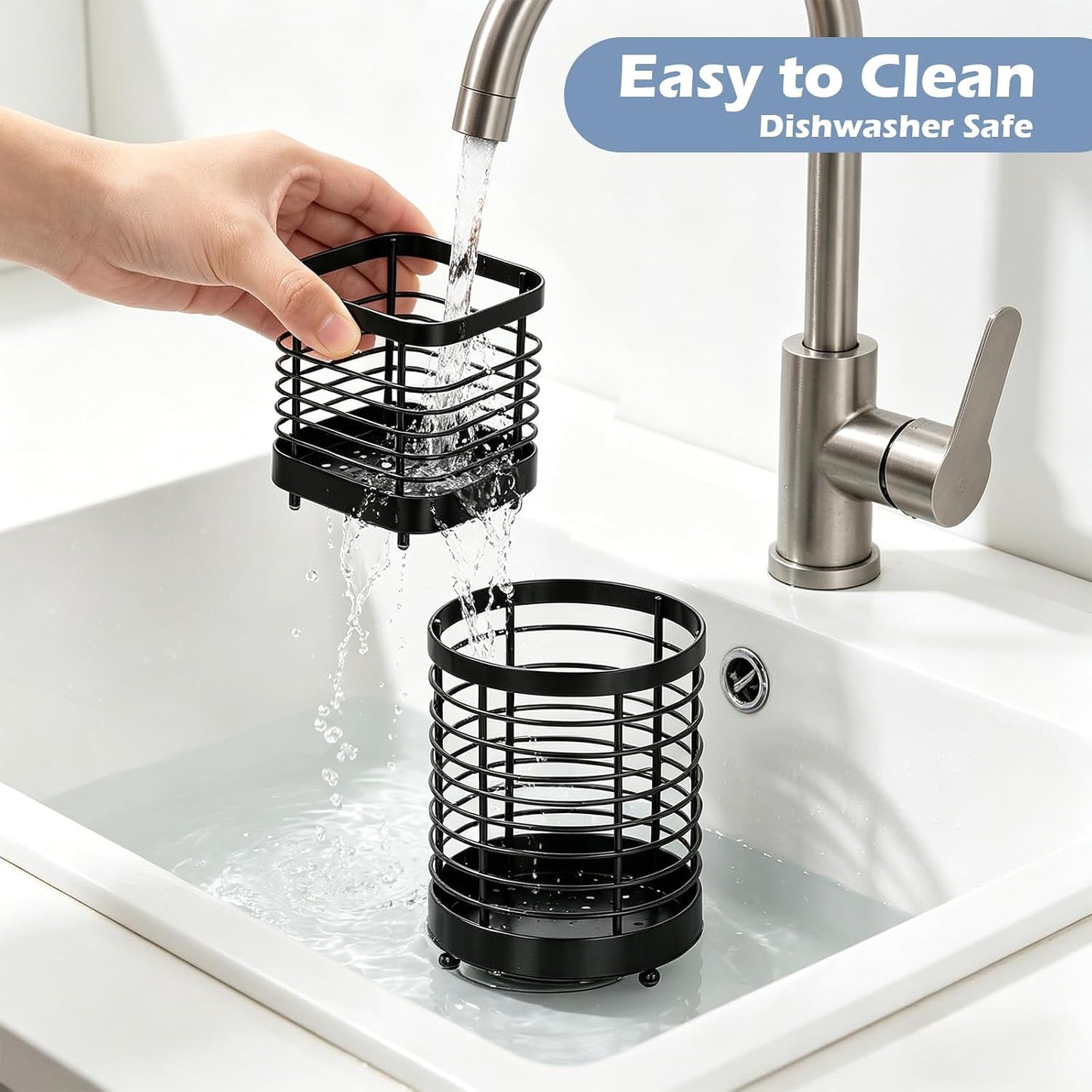 Utensil Holder for Kitchen Counter, Stainless Steel Utensil Crock | Space-Saving, Drainage Hole, Countertop Organizer, For Cooking Tools, Spatula, Silverware Forks, Knives, Spoons