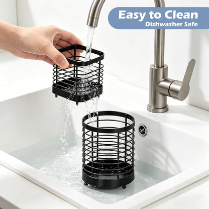 Utensil Holder for Kitchen Counter, Stainless Steel Utensil Crock | Space-Saving, Drainage Hole, Countertop Organizer, For Cooking Tools, Spatula, Silverware Forks, Knives, Spoons