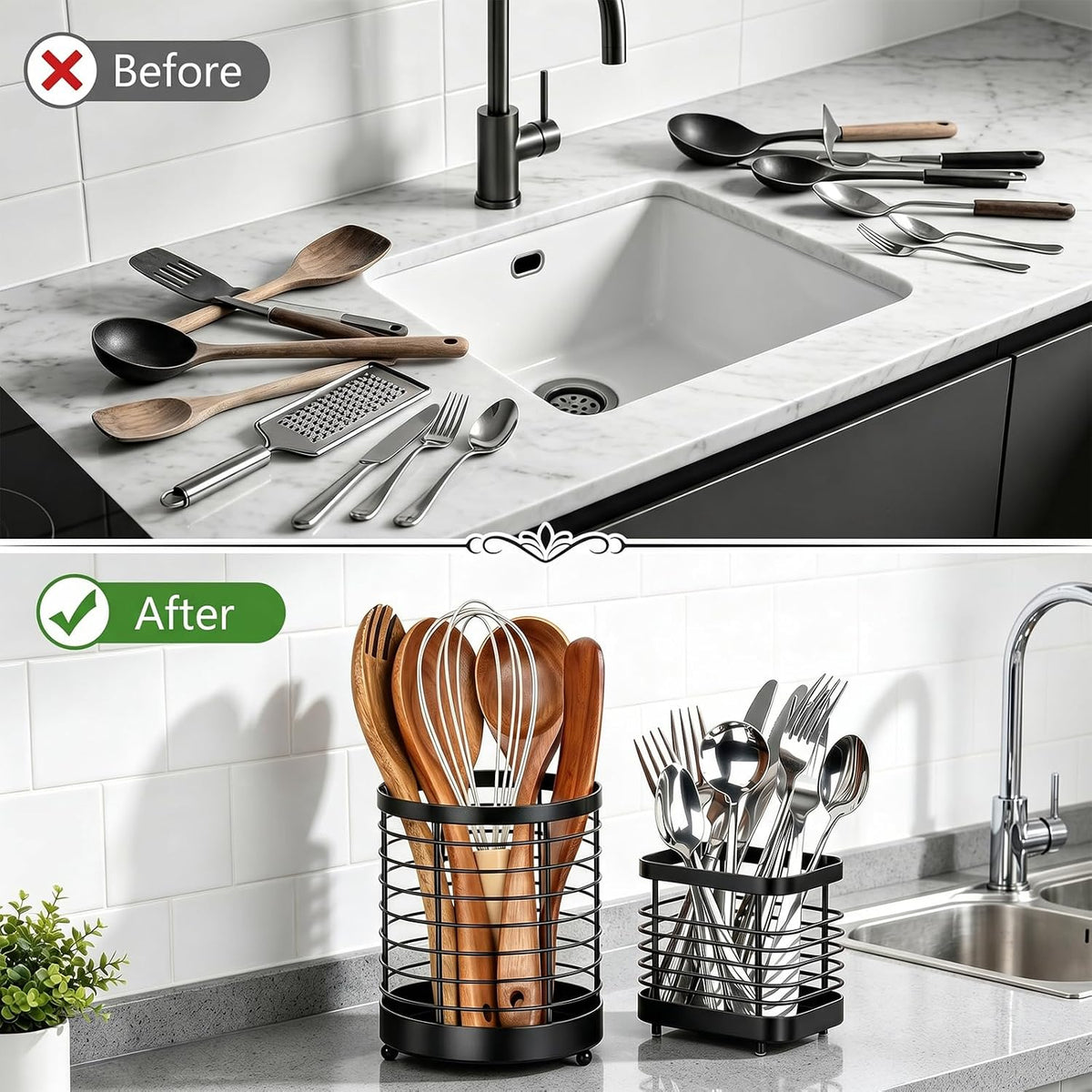 Utensil Holder for Kitchen Counter, Stainless Steel Utensil Crock | Space-Saving, Drainage Hole, Countertop Organizer, For Cooking Tools, Spatula, Silverware Forks, Knives, Spoons