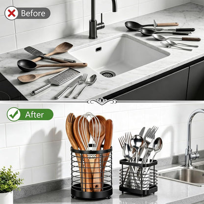 Utensil Holder for Kitchen Counter, Stainless Steel Utensil Crock | Space-Saving, Drainage Hole, Countertop Organizer, For Cooking Tools, Spatula, Silverware Forks, Knives, Spoons