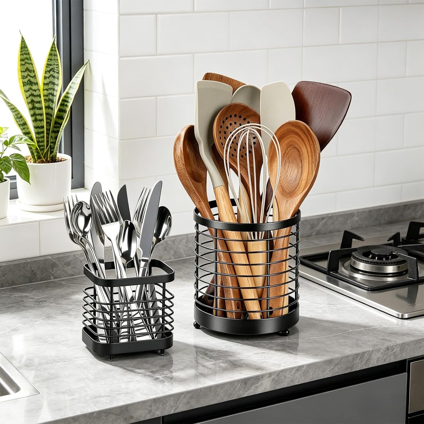 Utensil Holder for Kitchen Counter, Stainless Steel Utensil Crock | Space-Saving, Drainage Hole, Countertop Organizer, For Cooking Tools, Spatula, Silverware Forks, Knives, Spoons