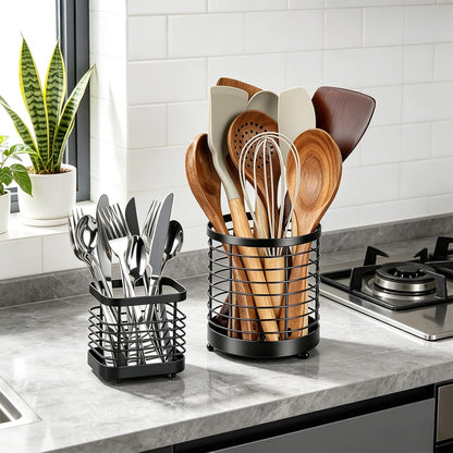 Utensil Holder for Kitchen Counter, Stainless Steel Utensil Crock | Space-Saving, Drainage Hole, Countertop Organizer, For Cooking Tools, Spatula, Silverware Forks, Knives, Spoons
