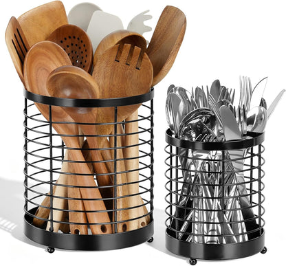 Utensil Holder for Kitchen Counter, Stainless Steel Utensil Crock | Space-Saving, Drainage Hole, Countertop Organizer, For Cooking Tools, Spatula, Silverware Forks, Knives, Spoons
