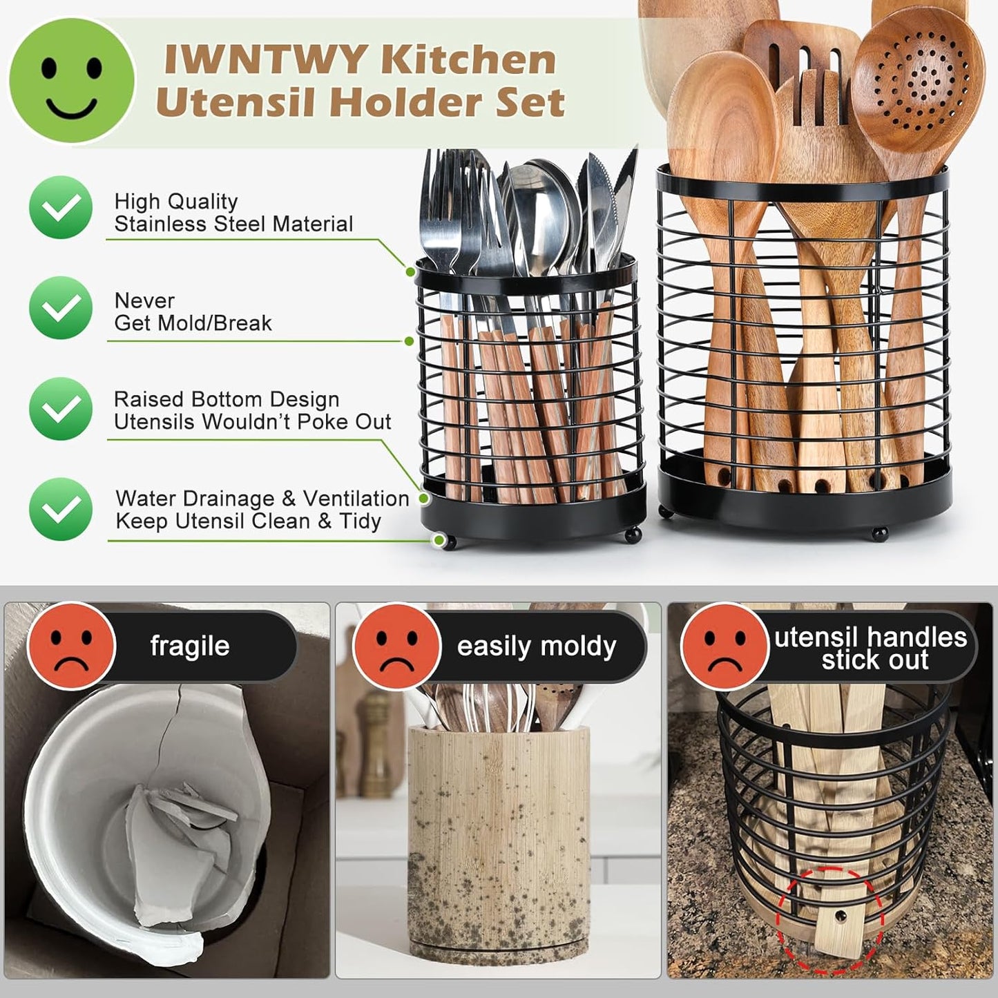 Utensil Holder for Kitchen Counter, Stainless Steel Utensil Crock | Space-Saving, Drainage Hole, Countertop Organizer, For Cooking Tools, Spatula, Silverware Forks, Knives, Spoons