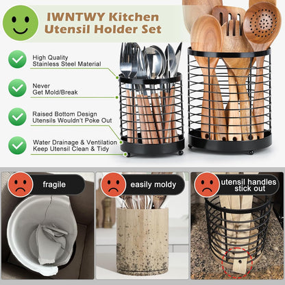 Utensil Holder for Kitchen Counter, Stainless Steel Utensil Crock | Space-Saving, Drainage Hole, Countertop Organizer, For Cooking Tools, Spatula, Silverware Forks, Knives, Spoons