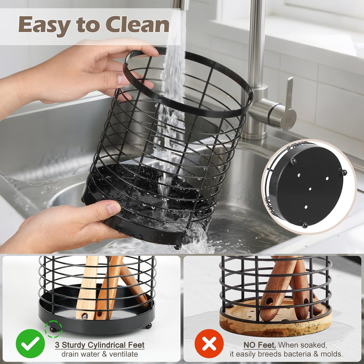 Utensil Holder for Kitchen Counter, Stainless Steel Utensil Crock | Space-Saving, Drainage Hole, Countertop Organizer, For Cooking Tools, Spatula, Silverware Forks, Knives, Spoons
