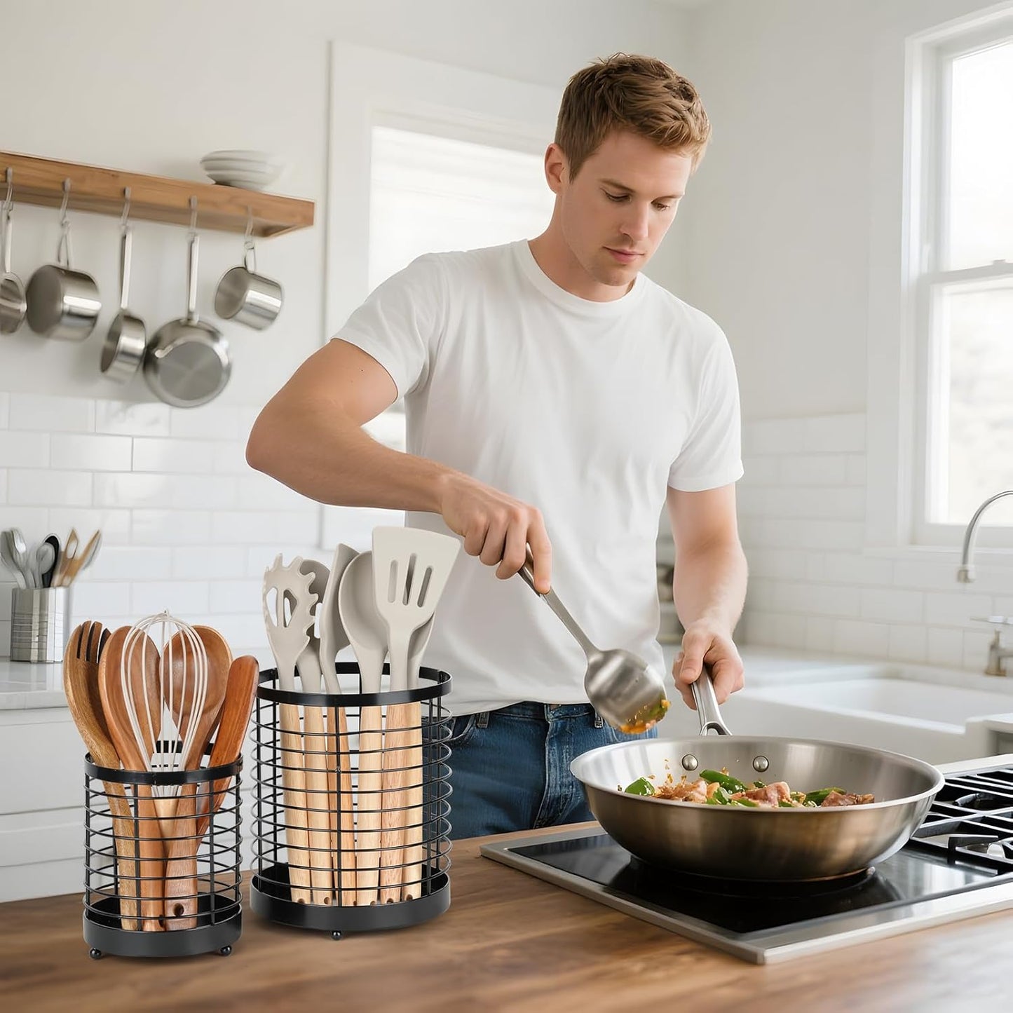 Utensil Holder for Kitchen Counter, Stainless Steel Utensil Crock | Space-Saving, Drainage Hole, Countertop Organizer, For Cooking Tools, Spatula, Silverware Forks, Knives, Spoons