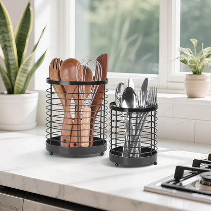 Utensil Holder for Kitchen Counter, Stainless Steel Utensil Crock | Space-Saving, Drainage Hole, Countertop Organizer, For Cooking Tools, Spatula, Silverware Forks, Knives, Spoons
