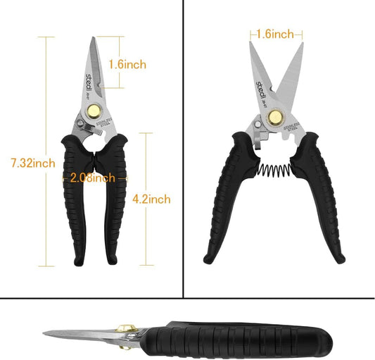 Scissors Heavy Duty, Multi-Purpose Shears with Finely Serrated High Carbon Stainless Steel Blades -Easy Cutting Electrical Cable Notch, Insulation, Non-Slip Comfortable Handle, Soft Cable