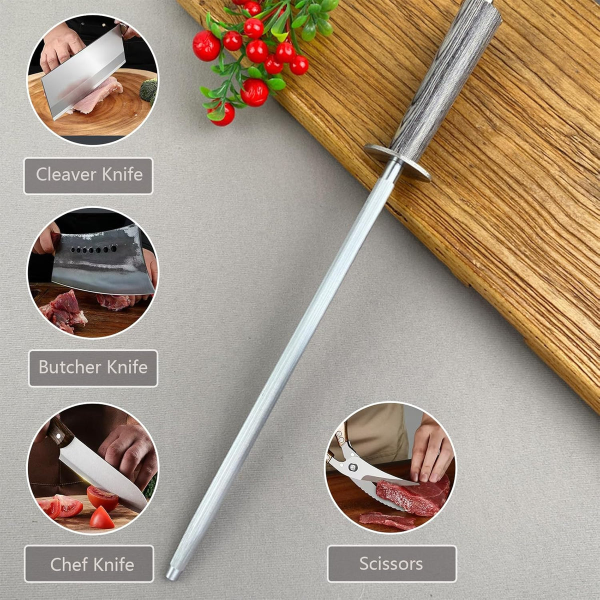 12" Magnetic Knife Sharpener Rod, Wood Handle High Carbon Steel | Magnetized honing rod, colorful wood handle, high carbon steel, quick edge restoration for chef, hunting, household knives