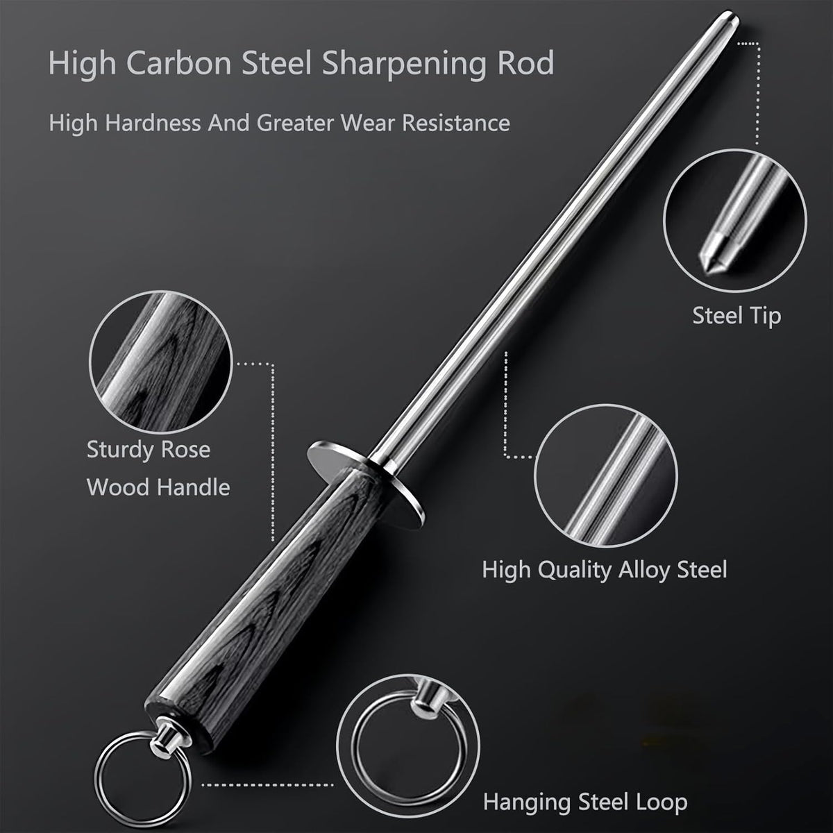 12" Magnetic Knife Sharpener Rod, Wood Handle High Carbon Steel | Magnetized honing rod, colorful wood handle, high carbon steel, quick edge restoration for chef, hunting, household knives