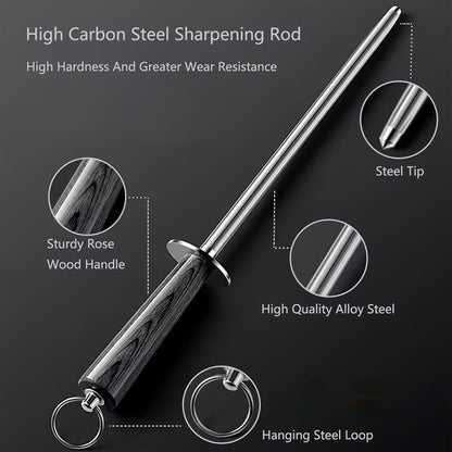 12" Magnetic Knife Sharpener Rod, Wood Handle High Carbon Steel | Magnetized honing rod, colorful wood handle, high carbon steel, quick edge restoration for chef, hunting, household knives